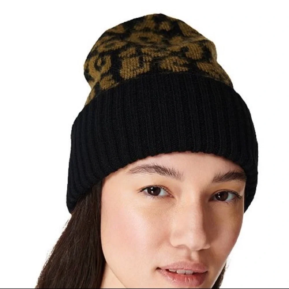 SWEATY BETTY JACQUARD LEOPARD PRINT KNIT BEANIE WOOL BLEND BLACK OS NWT